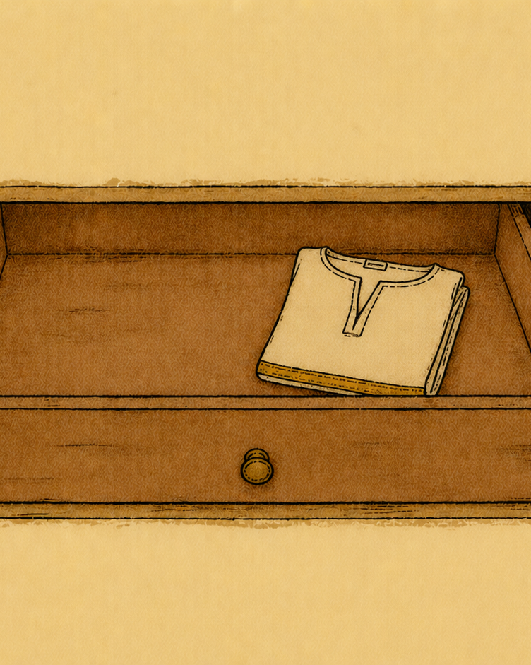 A half-open wooden drawer pulled from a larger cupboard. Inside, a single small folded child's kurta sits alone.