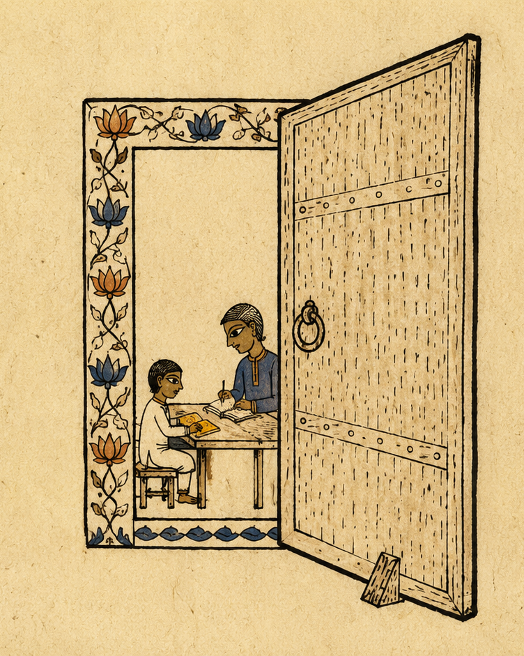 A wooden door with a Mithila-bordered frame, swung open. Through the doorway, a small tutor and child are at a study table. At the foot of the door, a small wooden wedge holds it open.