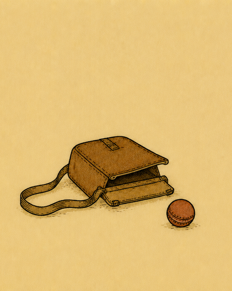 A boy's schoolbag, slightly open, on cream paper. A small cricket ball has rolled out beside it.