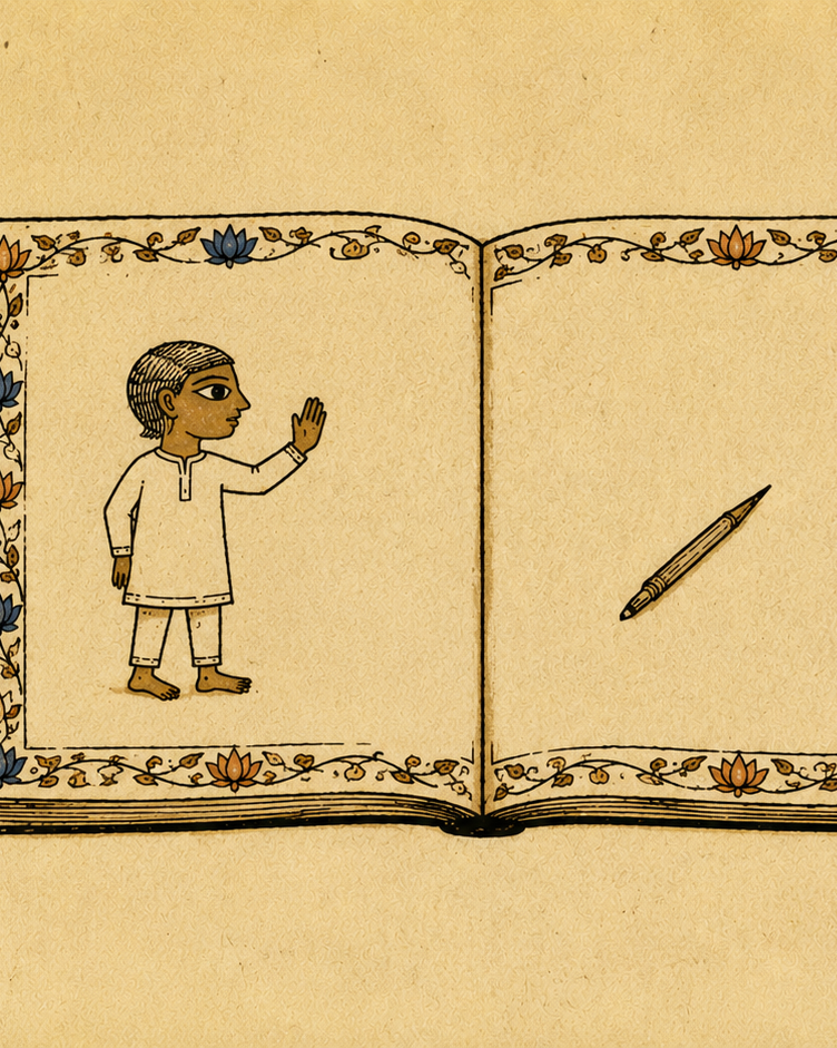 An open book on cream paper. On the left page, a small child stands with one hand raised palm-out. The right page is empty. A single unused pen rests on the blank page.