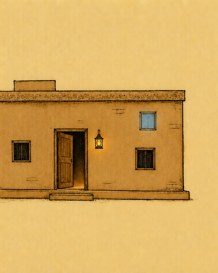 A house at night rendered in warm ink and wash on textured paper, every window dark except one glowing pale blue, a lantern hanging beside the open front door.