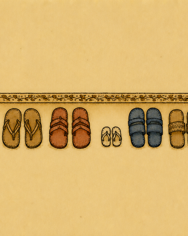 A row of adult chappals lined up at the threshold of a home. Among them, near the centre, a single tiny pair of child's chappals.