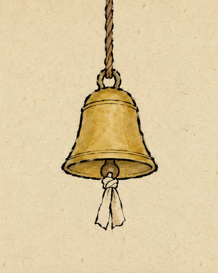 A brass bell hangs from a braided rope, its clapper tied with a small knotted cloth, rendered in warm ink-and-wash on textured paper.
