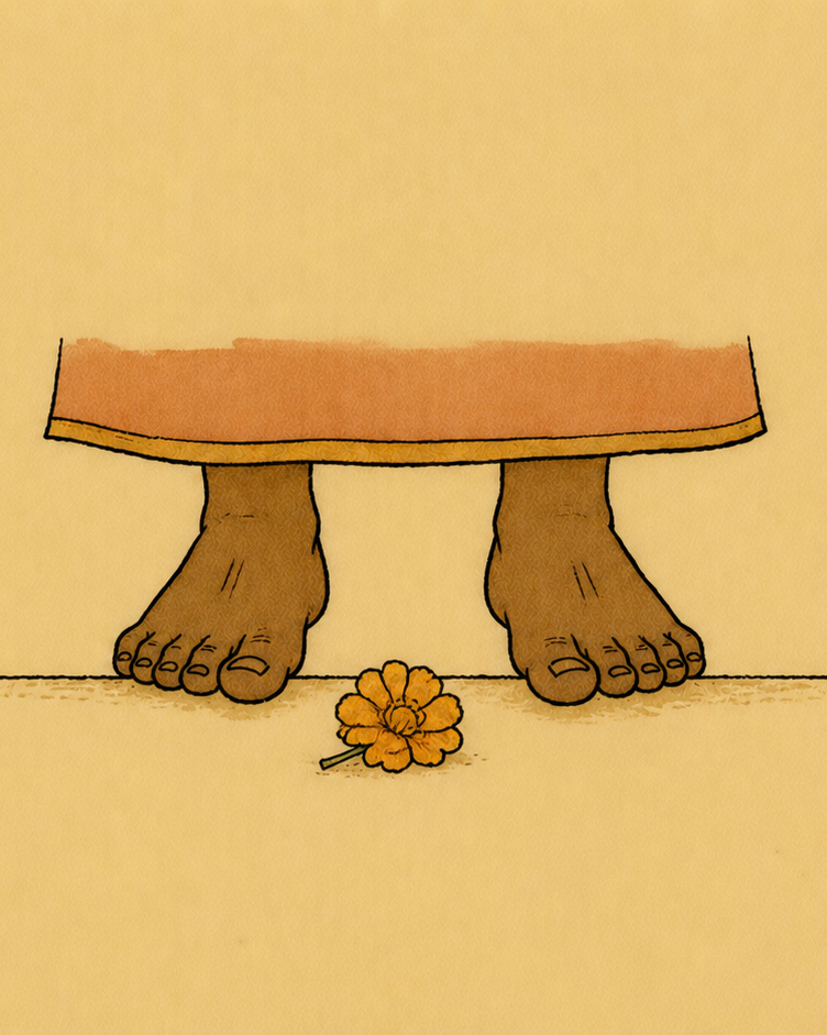 The lower legs and feet of an elder, planted on a floor. In front of the feet, a single fresh marigold flower placed as an offering. The cream space above the feet is empty — no one is bowing.