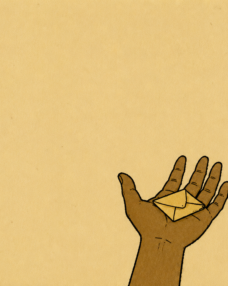 A small child's hand reaching up into empty cream paper, palm open, holding a small folded paper. No adult is shown receiving.